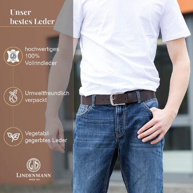 Шкіряний ремінь чоловічий LINDENMANN, коричневий, натуральна шкіра (Full Grain), ширина 33 мм, довжина 130 см (розмір XXL), для джинсів та повсякденного стилю