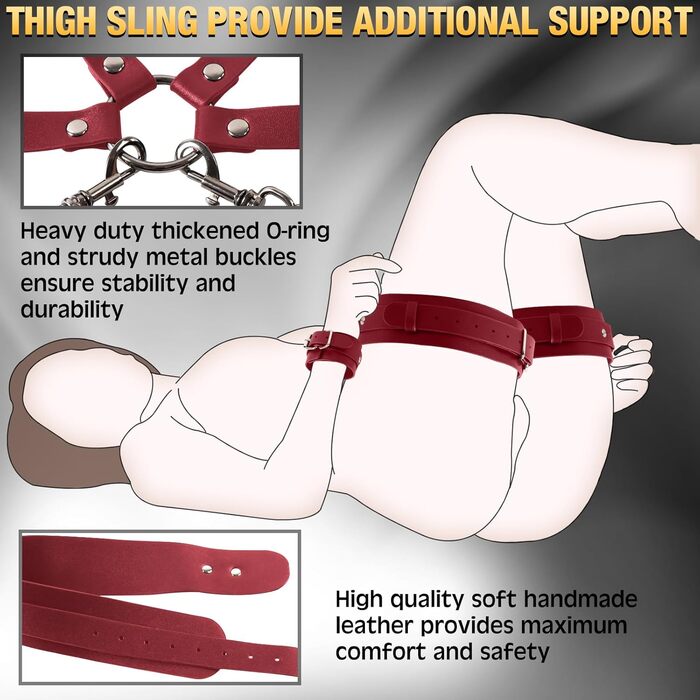 Набір для БДСМ-пов'язання: шкіряне спорядження з наручниками та манжетами для стегон, іграшка для пар, червоний колір