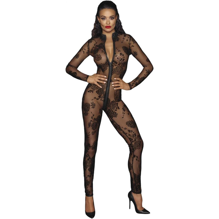 Чорний прозорий жіночий комбінезон з мереживом, ручної роботи, з блискавкою та довгими рукавами, XL