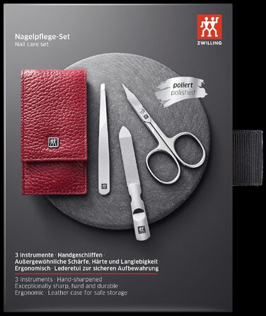 Набір для манікюру та педикюру ZWILLING (3 предмети), полірована нержавіюча сталь, шкіряний футляр, червоний