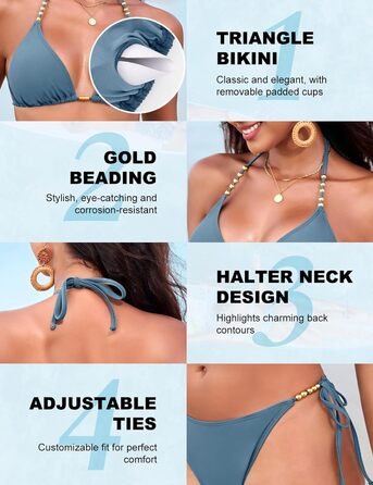 Бікіні Triangel Daen з золотими перлами, топ-халтер з пом'якшувачами та трусики-стрінг на зав'язки (Небесно-блакитний, XS)
