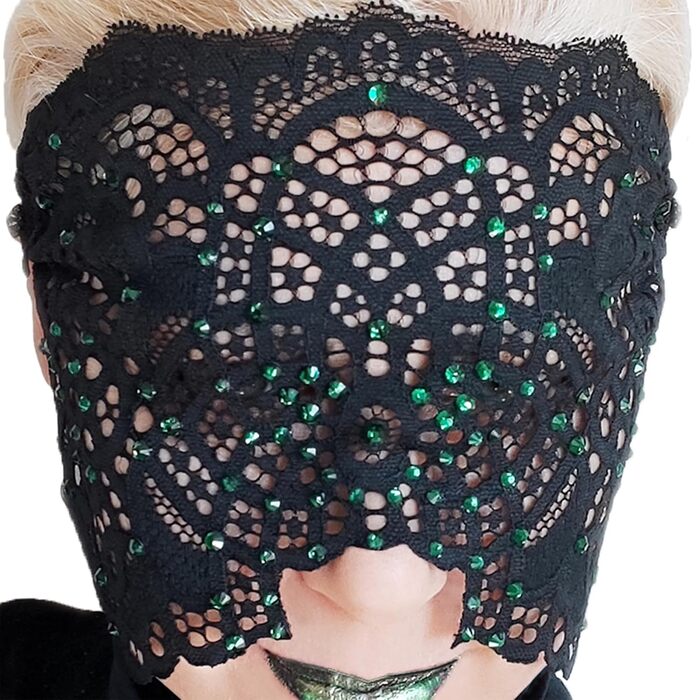 Ручна вишита мереживна маска на обличчя з камінням для жінок, чорна маска для маскараду, балу, карнавалу, весілля, бурлеску, косплею, Марді Гра (чорний колір, зелені камінці)