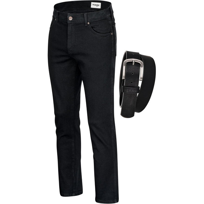 Чоловічі стрейч-джинси Wrangler Texas Regular Fit Authentic Straight, чорні (Black Overdye), з ременем, розмір 34W/32L