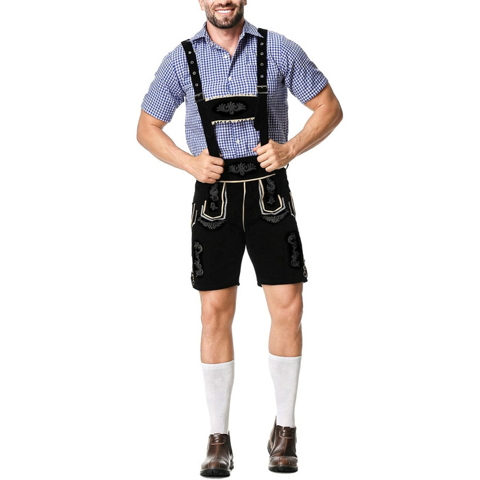 Традиційний костюм для чоловіків RUAOZIA: повний комплект Lederhose, сорочка в керамічну клітинку, для Октоберфесту та тематичних вечірок (чорний, L)