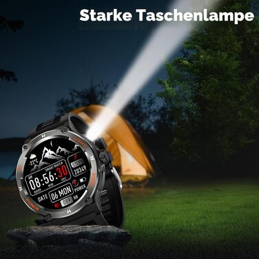 Смарт-годинник findtime Military: міцний тактичний годинник з компасом, LED-ліхтариком, функцією дзвінків та моніторингом серцебиття для Android та iOS, чорний