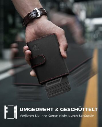 Чоловічий RFID гаманець-картхолдер DODENSHA з автоматичним pop-up механізмом, відділенням для монет та вікном для ID, алюмінієвий (Чорний-червоний)
