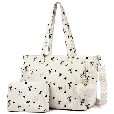 Жіноча сумка-шопер Makukke Cord Tote Bag: велика тканинна сумка через плече з вельвету для роботи, офісу, подорожей та навчання (з бантом)