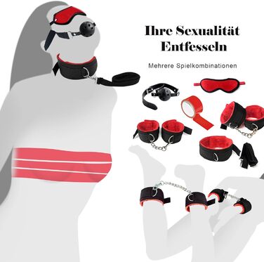 Набір для БДСМ: кайдани, анальний плаг, петиша, маска для очей, набір 28 шт. (червоний)