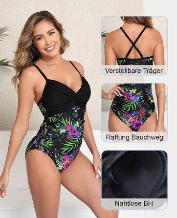 Купальник жіночий Halcurt з животом та чашками, роздільний, монокіні - XXL (чорний з квітковим малюнком)