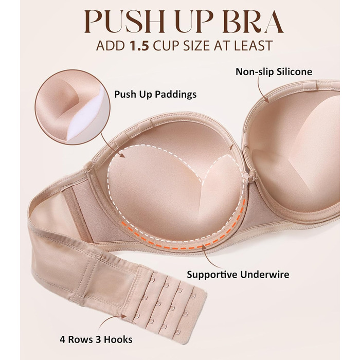 Бюстгальтер Lemorosy без бретелек з пуш-ап, великі розміри, сильний тримач, з підкладкою, мультивей, знімні бретелі, 85A, бежевий