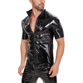 Чоловічі сорочки з екошкіри SDGHH-8MMDM: класичні, блискучі, з ефектом мокрого блиску, м'юслі фіт, короткий рукав, на блискавці, чорні, 3XL