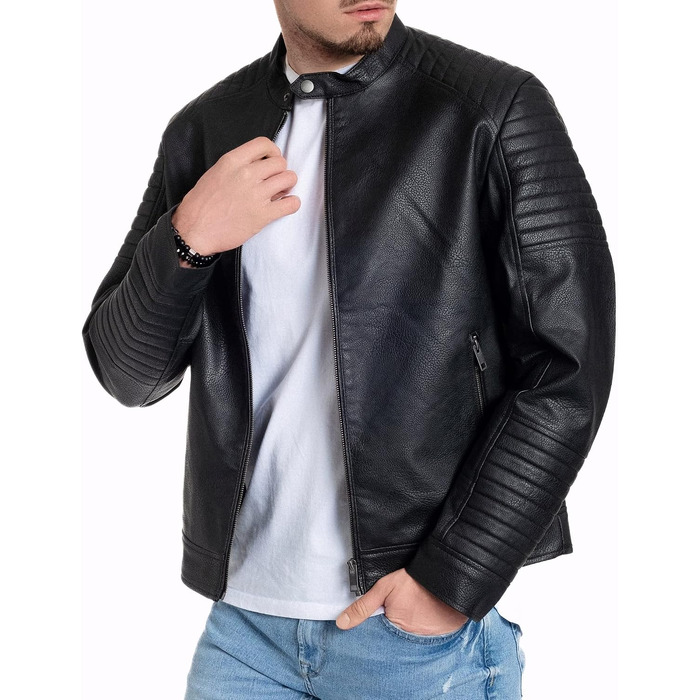Чоловіча шкіряна куртка-байкер Jack & Jones штучна шкіра, чорна (Розмір L, модель Jate)