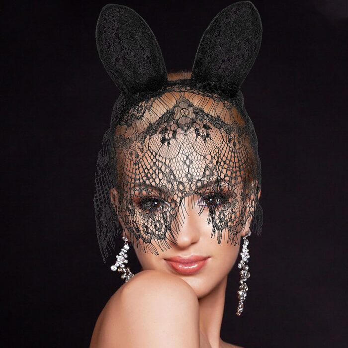 Голосний обруч з вушками кролика та мереживною маскою для жінок