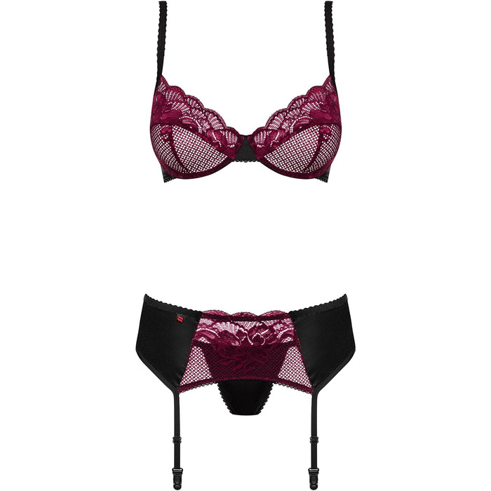 Сексуальний жіночий комплект білизни Selente Love & Fun: бюстгальтер, корсетний пояс, танга та шовкова маска для очей (L-XL, чорно-бордовий). Зроблено в ЄС