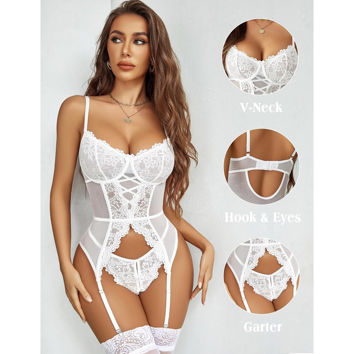 Avidove: Сексуальний жіночий боді з мереживом, комплект нижньої білизни, корсетний топ, тіло, бюстгальтер та труси (S, білий)