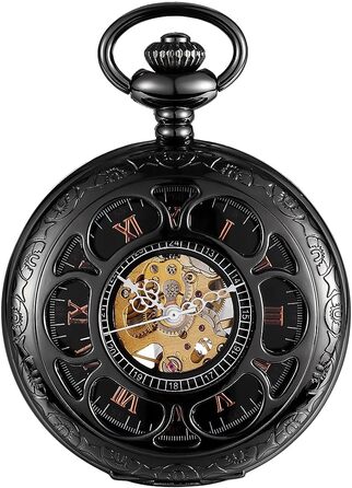 Чоловічий кишеньковий годинник ShoppeWatch з ланцюжком, механічний з ручним заводом, вінтажний стиль стімпанк (чорний)