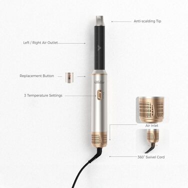 Мультистайлер для волосся 5 в 1 UKLISS Airstyler Pro 1000W: фен, брашинг, гофре, випрямляч та завивачі для сушіння та укладки, Сріблясто-золотий