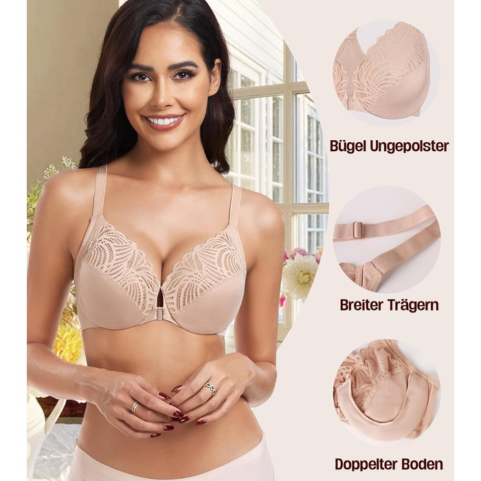 Бюстгальтер жіночий BH з кісточками, закривається спереду, великі розміри, без пуш-ап, м'який, racerback, квітковий принт, мереживо, повна чашка, для великої груди, сильна підтримка, класичний BHS (80E, бежевий)