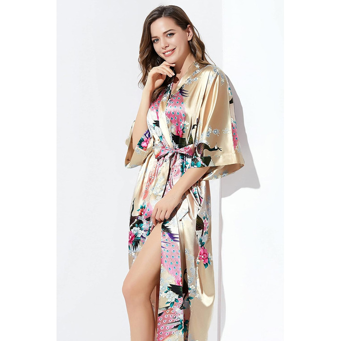 Халат жіночий BABEYOND з принтом павича, довгий, шовковий сатин, кімоно, для дому та відпочинку