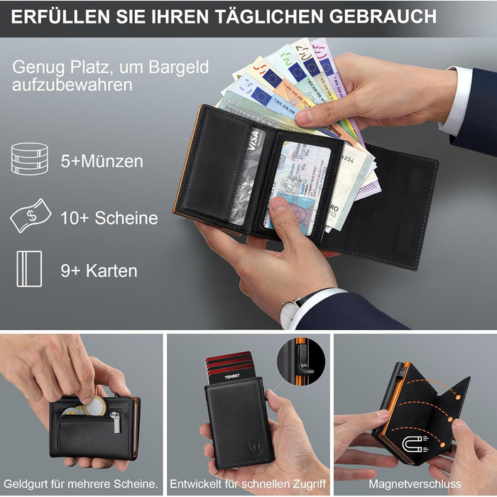 Тонкий чоловічий гаманець TENBST з RFID-захистом та монетницею, шкіряний картхолдер на 10 карток, Slim Wallet — Чорний та Помаранчевий
