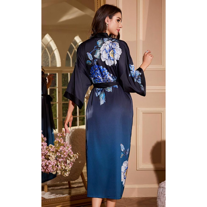 Жіночий халат-кімоно з довгим атласним рукавом, принт квітів, атласний, для вечірки, весілля, bridesmaid robe, універсальний розмір (перехідний колір, темно-синій - півонія)