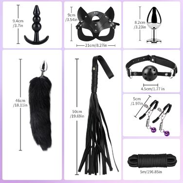 Набір для БДСМ з шкіри, 15 предметів: фетіш, зв'язування, еротика для дорослих. З руками, маскою та мотузкою (чорний)