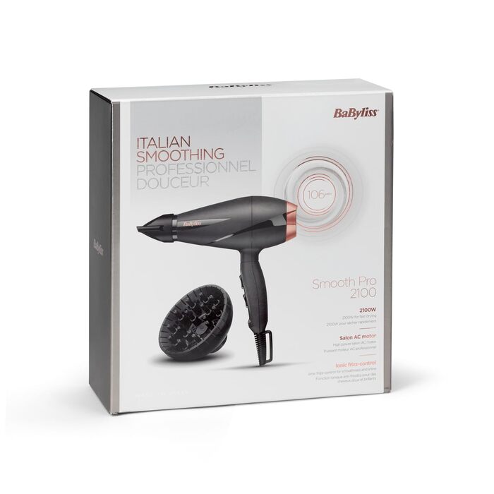 Фен для волосся BaByliss Smooth Pro 6709DE з дифузором, 2100 Вт, іонна технологія проти пухнання, 3 температурні режими, чорний