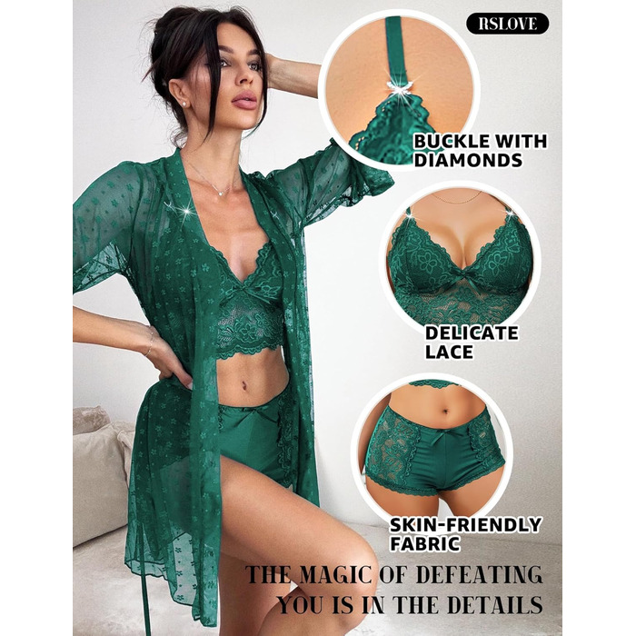 RSLOVE Комплект жіночої білизни: мереживний халат, бюстгальтер та труси (S, Зелений)