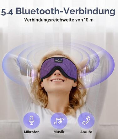 Маска для сну з Bluetooth-навушниками ASMR, м'яка бездротова маска для сну та відпочинку, ідеальна для подорожей та людей, що сплять на боці (3D, чорний/ліловий)