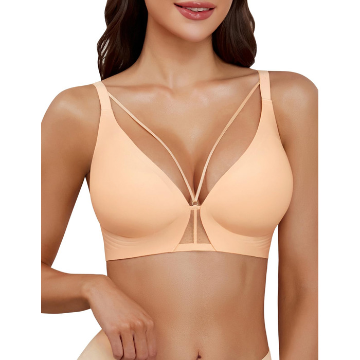 Бюстгальтер BH Daen без кісточок Push Up, сексуальний, безшовний, м'який, для сну, V-подібний виріз, класичний (Nude, L)