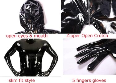 Комбінезон чоловічий блискучий PVC шкіра, костюм кота, повний боді з блискавкою, catsuit з рукавичками, чорний, XL