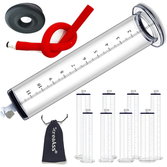 Набір пеніс-помп ScreaAss різних розмірів (9 шт.) з акрилового прозорого трубки з мірною шкалою та силіконовим шлангом для ScreaAss (ручні/електричні)
