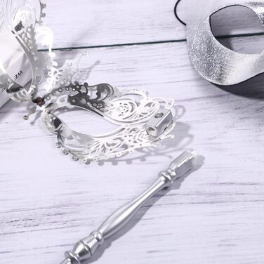 Венеціанська маска для пари JewelryWe з держаком, металева маска з кристалами Swarovski для карнавалу, Хелловіну, вечірки-маскараду (срібна)