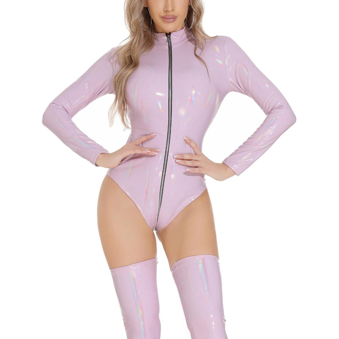 Комбінезон Maeau для жінок з лакованої шкіри, ефект мокрого блиску, для танців на пілоні, вечірній, білий (фіолетовий, 46)