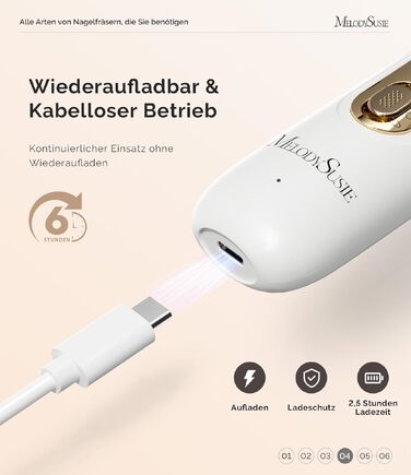 Професійний набір для педикюру MelodySusie PC760G: електричний апаратний фрезер 8 в 1, бездротовий, 5 швидкостей, LED-підсвітка, для догляду за нігтями та стопами (W-gold)