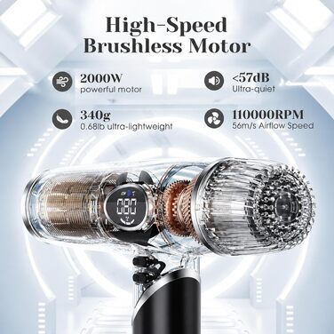 Іонний фен Slopehill 2000W з безщітковим мотором, 110 000 об/хв, LCD-дисплеєм та 3 магнітними дифузорами, складаний дорожній фен, чорний