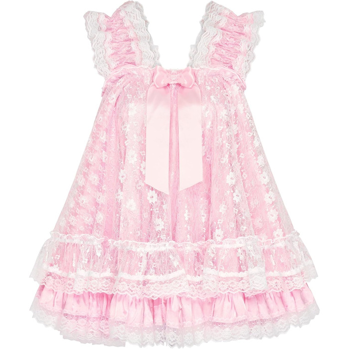 Нічна сорочка Satini Dessous у стилі Bebydoll з рюшами та мереживом, Cosplay, XL, рожевий - білий