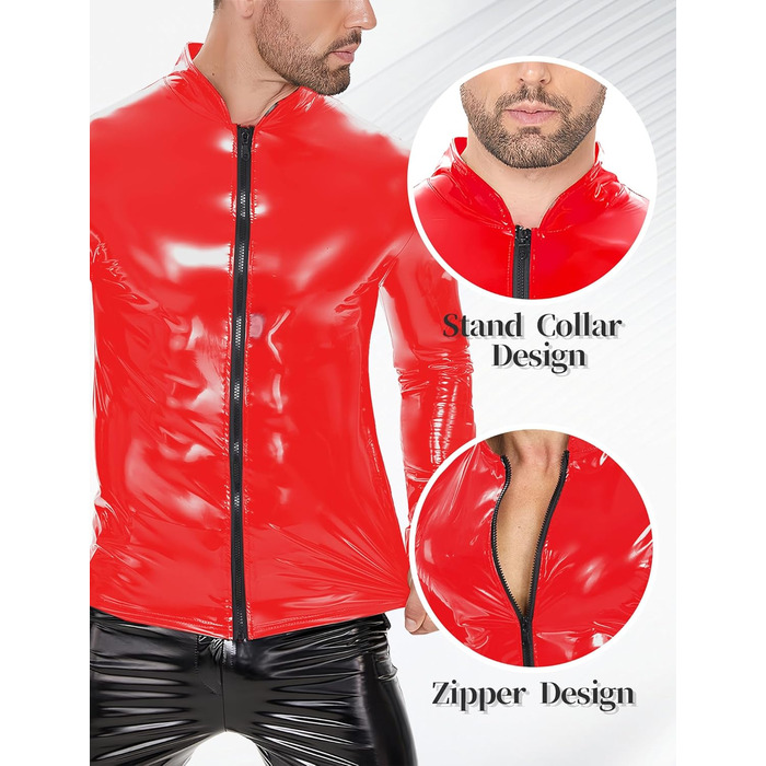 Латексна куртка для чоловіків Ausing з штучної шкіри, сексуальний ефект мокрого вигляду, облягаючий крій, з блискавкою, для танців, вечірок, карнавалу (червоний, XS)