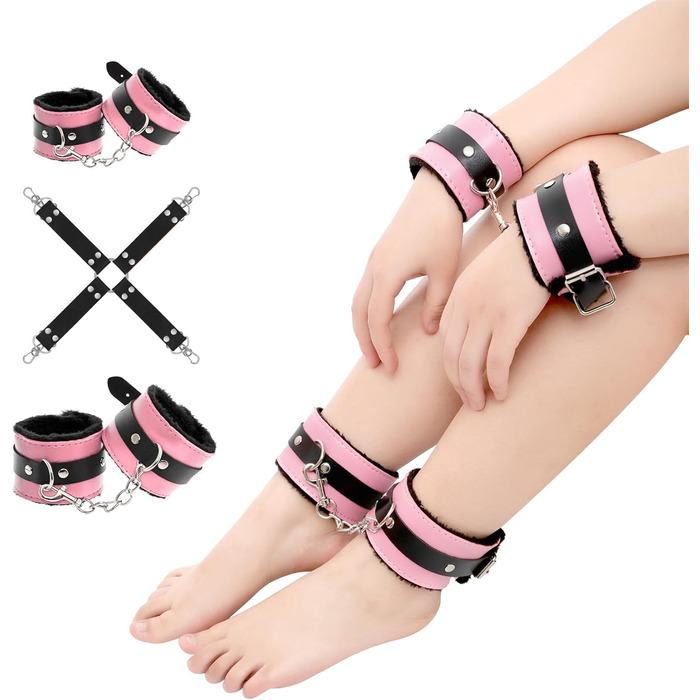 Набір для БДСМ зв'язування (12 предметів): наручники, фіксатори для щиколоток, анальний плагін, клямки для сосків, м'ячик-кнебель, перо-піксель, маска для очей, батіг, лопатка, бавовняне мотузка (рожевий та чорний)