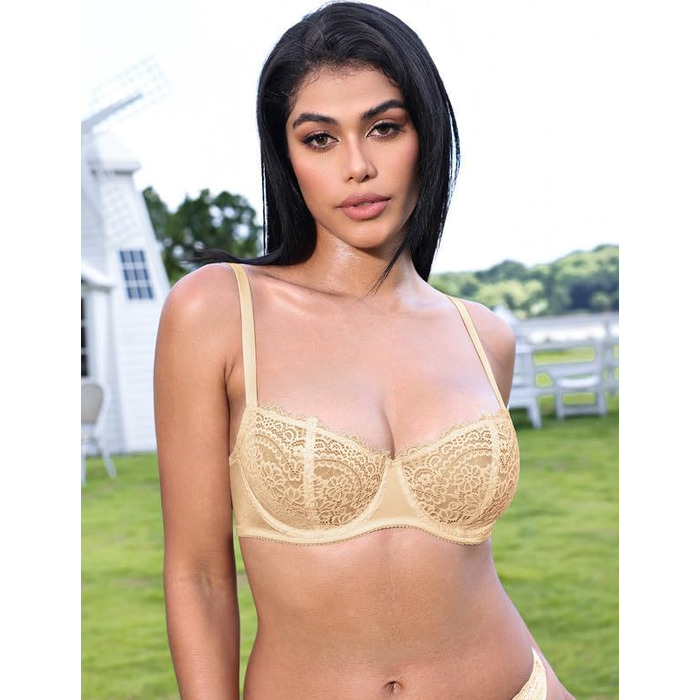 Бюстгальтер Balconette Deyllo для жінок з кісточками, push-up, Dirndl, мереживо, великі розміри, м'які чашечки, бралетт, глибокий виріз, сексуальний, без підкладки (нюдовий, 85C)