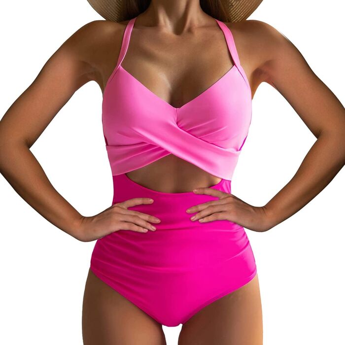 Купальник жіночий суцільний з V-подібним вирізом, рожевий XL: моделюючий ефект, push-up, контроль живота, пляжна мода