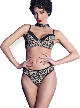 Чіліроуз Комплект нижньої білизни Леопард: бюстгальтер та стринги з мереживом, чорний, S, чорно-білий