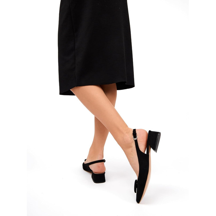 Жіночі туфлі-човники Slingback на стійких підборах 4 см, штучна замша, чорні, розмір 38 EU (вузька нога)