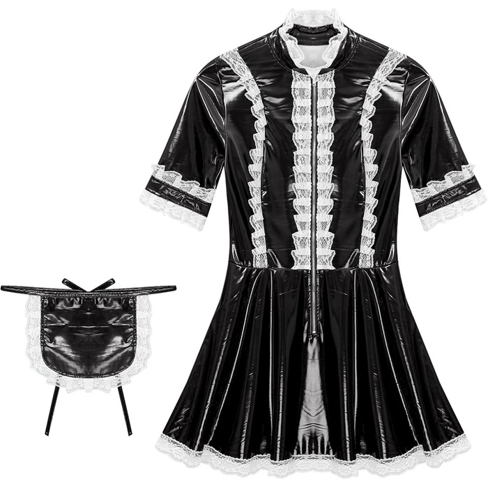 Костюм горничної MSemis: сексуальний сет з еластичного латексу, чорний, 3XL. Костюм для косплею, вечірки, фотосесій.