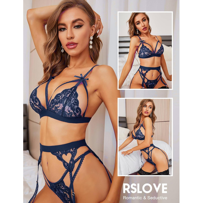 RSLOVE Комплект спідньої білизни для жінок: мереживний тіффані, боді, стринги - темно-синій
