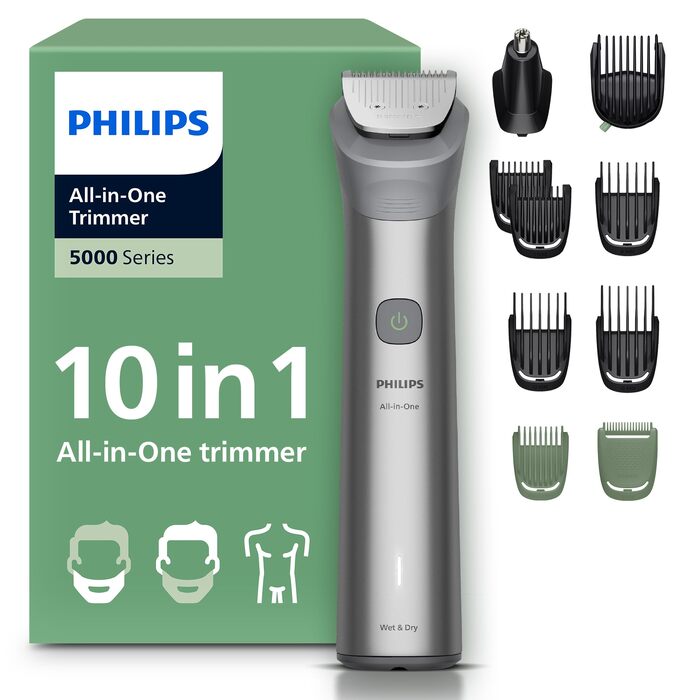 Універсальний тример Philips Multigroom Series 5000 MG5918/15 10-в-1 для бороди, волосся та тіла, самозагострювальні металеві леза, 11 налаштувань довжини (0,5–16 мм)