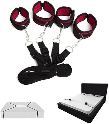 Набір для БДСМ з обмеженням: набір для пар, з кріпленнями для ліжка, наручниками, пов'язкою на очі. Червоний колір