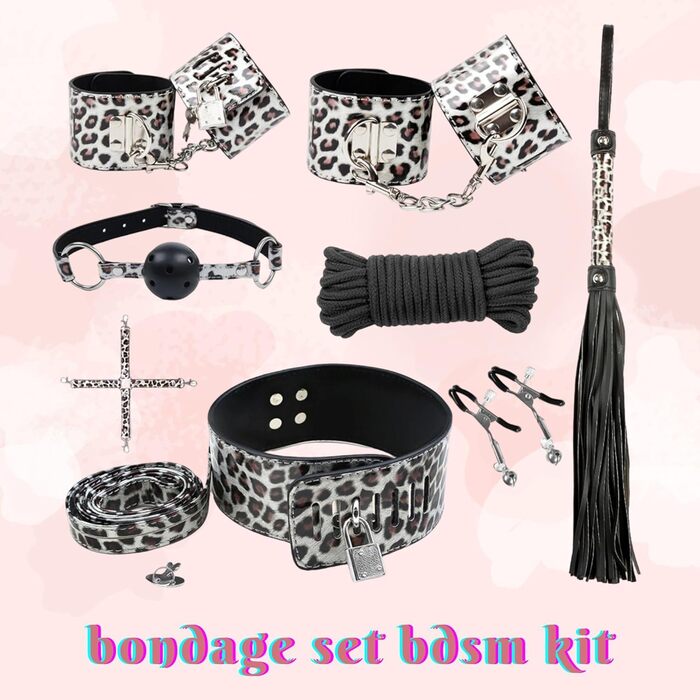 Набір для БДСМ з шкіри Leopard Print (8 предметів): наручники, плети, мотузки, нашийник, кліпси для сосків