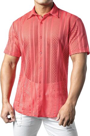 Чоловіча сорочка JOGA з мереживом, короткий рукав, для відпочинку, колір кораловий (XXL)