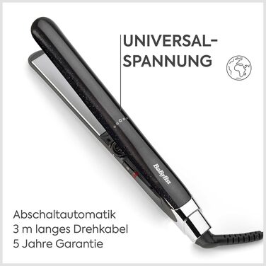 Випрямляч для волосся BaByliss Midnight Shine ST590E з титано-керамічними пластинами, 13 рівнів температури (170–235°C), подовжені пластини, ефект анти-фриз, чорний
